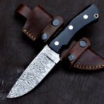 Damascus Skinner Knife — Hand-Forged, Micarta Handle, Leather Sheath