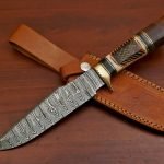 Damascus Bowie Knife — Hand-Forged, Wood Handle, Leather Sheath (RK-398)