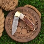 Damascus Folding Pocket Knife — Hand-Forged, 7" Overall, Stag Horn Handle, Leather Sheath - Image 5