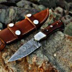 Damascus Skinner Knife — Hand-Forged, Stag Horn Handle, Leather Sheath (RK-431)