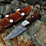 Damascus Skinner Knife — Hand-Forged, Stag Horn Handle, Leather Sheath (RK-431)