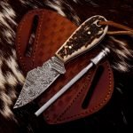 Damascus Skinner Knife — Hand-Forged, Stag Horn Handle, Leather Sheath (RK-432)