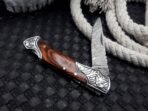 Damascus Folding Pocket Knife — Hand-Forged, 7" Overall, Wood Handle, Leather Sheath | Engraving Available - Image 5