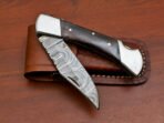 Damascus Folding Pocket Knife — Hand-Forged, 9" Overall, Camel Bone Handle, Leather Sheath (RK-425)