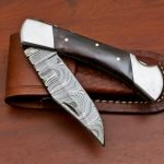 Damascus Folding Pocket Knife — Hand-Forged, 9" Overall, Camel Bone Handle, Leather Sheath (RK-425)