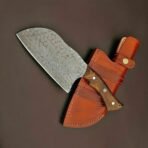 Damascus Cleaver — Hand-Forged, Stag Horn Handle, Leather Sheath (RK-436) - view 4
