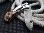 Damascus Folding Pocket Knife — Hand-Forged, 8" Overall, Wood Handle, Leather Sheath - Image 3
