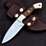 Damascus Skinner Knife — Hand-Forged, Stag Horn Handle, Leather Sheath (RK-416)