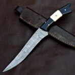 Damascus Fish Fillet Knife — Hand-Forged, Stag Horn Handle, Leather Sheath