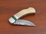 Damascus Folding Pocket Knife — Hand-Forged, 7" Overall, Bone Handle, Leather Sheath - Image 6