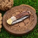 Damascus Folding Pocket Knife — Hand-Forged, 7" Overall, Stag Horn Handle, Leather Sheath - Image 6