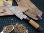 Damascus Chef Knife — Hand-Forged, Stag Horn Handle, Leather Sheath - Image 6