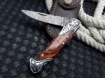 Damascus Folding Pocket Knife — Hand-Forged, 7" Overall, Wood Handle, Leather Sheath | Engraving Available - Image 6
