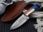 Damascus Skinner Knife — Hand-Forged, Stag Horn Handle, Leather Sheath (RK-449)