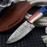 Damascus Skinner Knife — Hand-Forged, Stag Horn Handle, Leather Sheath (RK-449)