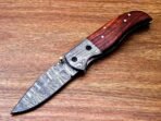 Damascus Folding Pocket Knife — Hand-Forged, 7" Overall, Wood Handle, Leather Sheath - Image 6