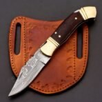 Damascus Folding Pocket Knife — Hand-Forged, 8" Overall, Wood Handle, Leather Sheath (RK-441)