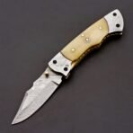 Damascus Folding Pocket Knife — Hand-Forged, 8" Overall, Bone Handle, Leather Sheath - Image 11