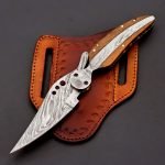 Damascus Folding Pocket Knife — Hand-Forged, 8" Overall, Wood Handle, Leather Sheath (RK-446)