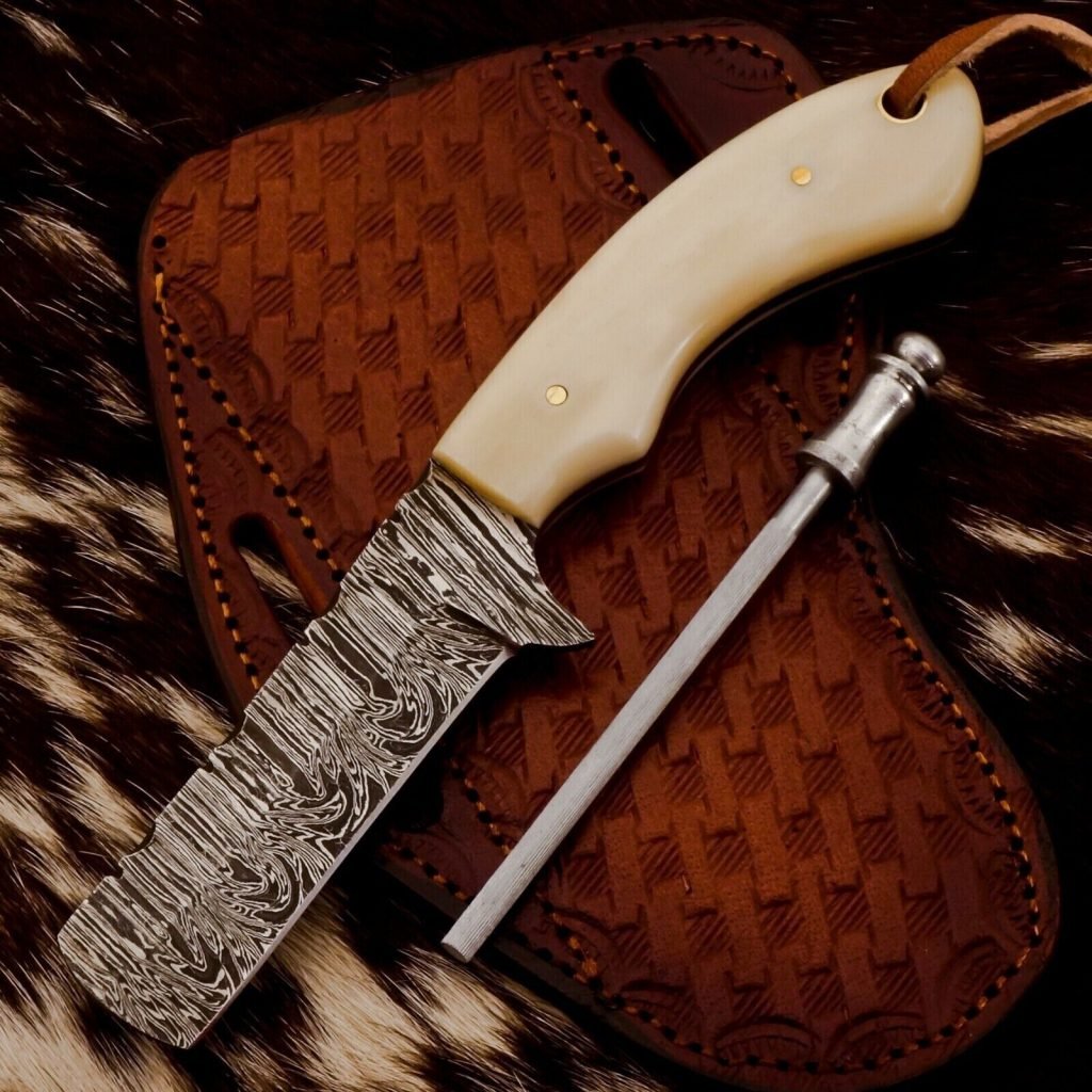 Damascus Bull Cutter Knife, Hand-Forged, Bone Handle, Leather Sheath