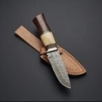 Damascus Skinner Knife — Hand-Forged, Camel Bone Handle, Leather Sheath