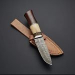 Damascus Skinner Knife — Hand-Forged, Camel Bone Handle, Leather Sheath
