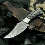 Damascus Skinner Knife — Hand-Forged, Hardwood Handle, Leather Sheath
