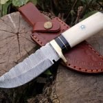 Damascus Bowie Knife — Hand-Forged, Stag Horn Handle, Leather Sheath (RK-462)