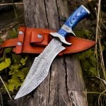 Damascus Bowie Knife — Hand-Forged, Stag Horn Handle, Leather Sheath (RK-464)
