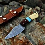 Damascus Skinner Knife — Hand-Forged, Stag Horn Handle, Leather Sheath (RK-429)