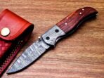 Damascus Folding Pocket Knife — Hand-Forged, 7" Overall, Wood Handle, Leather Sheath