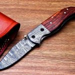 Damascus Folding Pocket Knife — Hand-Forged, 7" Overall, Wood Handle, Leather Sheath