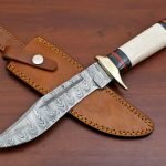 Damascus Bowie Knife — Hand-Forged, Stag Horn Handle, Leather Sheath (RK-457)