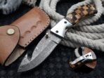 Damascus Folding Pocket Knife — Hand-Forged, 8" Overall, Wood Handle, Leather Sheath