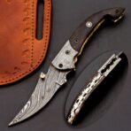 Damascus Folding Pocket Knife — Hand-Forged, 8″ Overall, Leather Sheath
