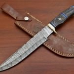 Damascus Bowie Knife — Hand-Forged, Wood Handle, Leather Sheath (RK-399)