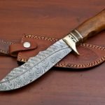 Damascus Bowie Knife — Hand-Forged, Wood Handle, Leather Sheath (RK-401)