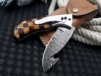 Damascus Folding Pocket Knife — Hand-Forged, 8" Overall, Wood Handle, Leather Sheath - Image 8