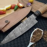Damascus Chef Knife — Hand-Forged, Stag Horn Handle, Leather Sheath