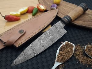 Damascus Chef Knife, Hand-Forged, Stag Horn Handle, Leather Sheath