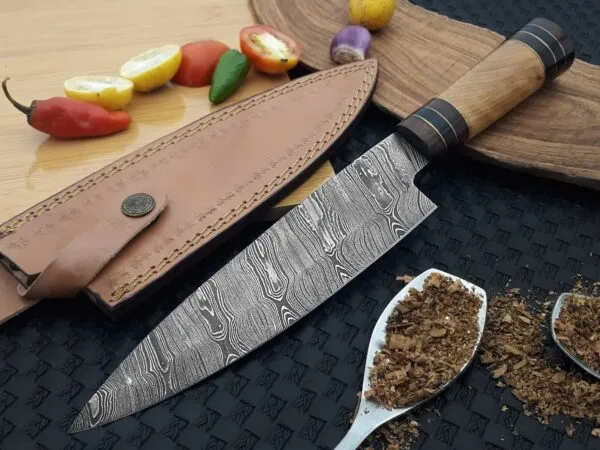 Damascus Chef Knife, Hand-Forged, Stag Horn Handle, Leather Sheath