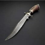 Damascus Bowie Knife — Hand-Forged, Stag Horn Handle, Leather Sheath (RK-465)