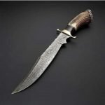Damascus Bowie Knife — Hand-Forged, Stag Horn Handle, Leather Sheath (RK-465)