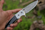Damascus Folding Pocket Knife — Hand-Forged, 9" Overall, Camel Bone Handle, Leather Sheath | Engraving Available
