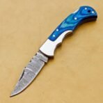 Damascus Folding Pocket Knife — Hand-Forged, 6.5" Overall, Hardwood Handle, Leather Sheath (RK-447) - Image 2