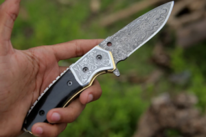 Damascus Folding Pocket Knife, Hand-Forged, 9″ Overall, Camel Bone Handle, Leather Sheath | Engraving Available