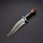 Damascus Camp Knife — Hand-Forged, Stag Horn Handle, Leather Sheath
