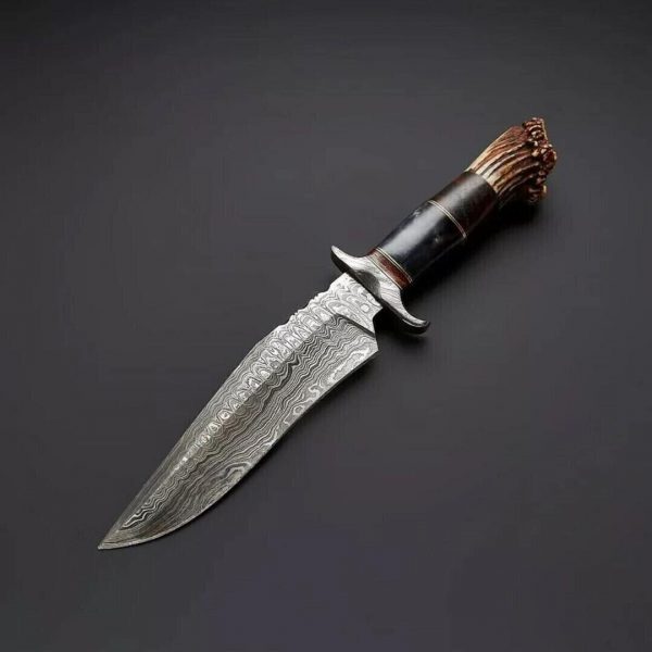 RK-456 Handmade Damascus Hunting Camping Knife Forged Damascus Knives Stag Bull Horn Handle  Beautiful Art Best Gift For Him and Her USA made Knives