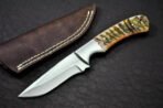 Damascus Skinner Knife — Hand-Forged, Ram Horn Handle, Leather Sheath (RK-458)