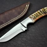 Damascus Skinner Knife — Hand-Forged, Ram Horn Handle, Leather Sheath (RK-458)